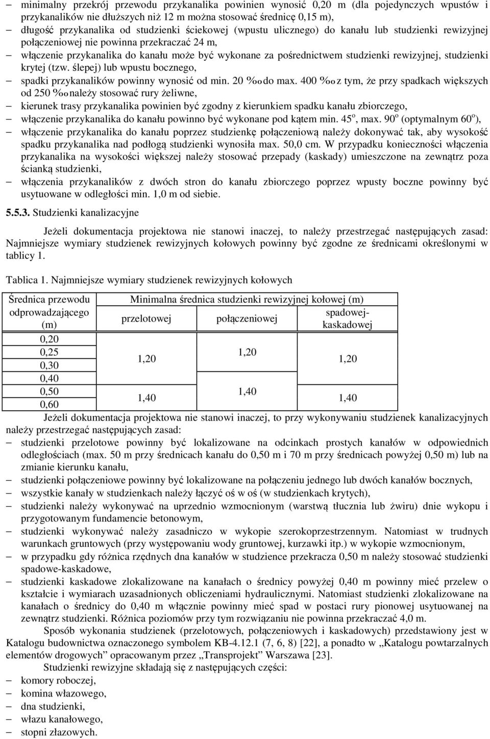 studzienki krytej (tzw. ślepej) lub wpustu bocznego, spadki przykanalików powinny wynosić od min. 20 do max.