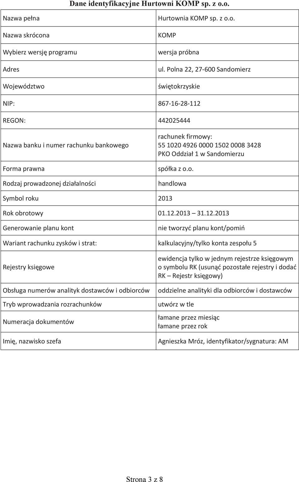 1502 0008 3428 PKO Oddział 1 w Sandomierzu spółka z o.o. handlowa Symbol roku 2013 Rok obrotowy 01.12.