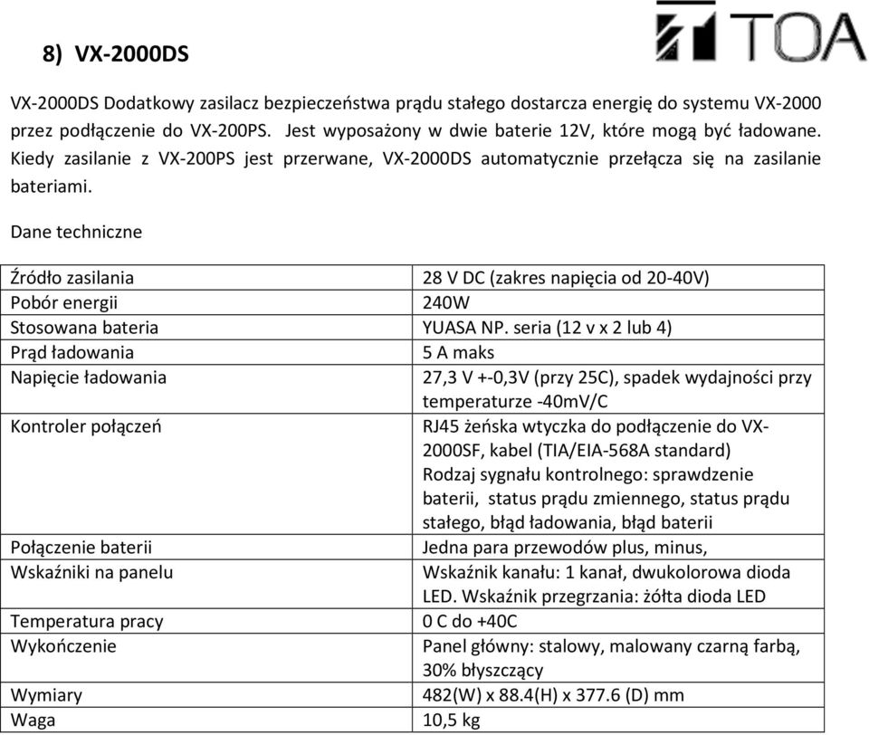 Dane techniczne Źródło zasilania 28 V DC (zakres napięcia od 20-40V) Pobór energii 240W Stosowana bateria YUASA NP.