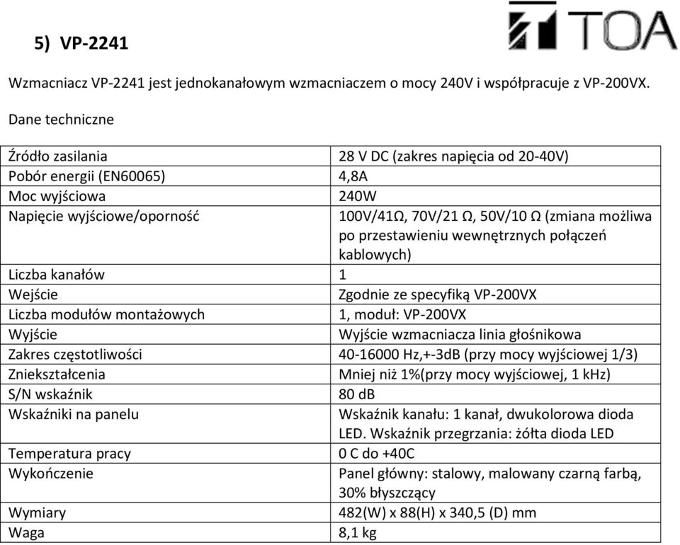 przestawieniu wewnętrznych połączeń kablowych) Liczba kanałów 1 Wejście Zgodnie ze specyfiką VP-200VX Liczba modułów montażowych 1, moduł: VP-200VX Wyjście Wyjście wzmacniacza linia głośnikowa Zakres