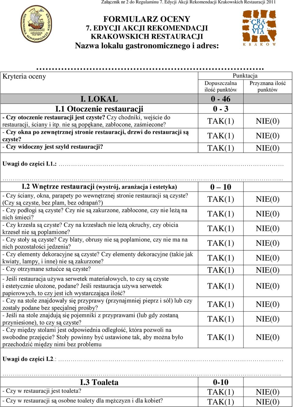 1 Otoczenie restauracji 0-3 - Czy otoczenie restauracji jest czyste? Czy chodniki, wejście do restauracji, ściany i itp. nie są popękane, zabłocone, zaśmiecone?