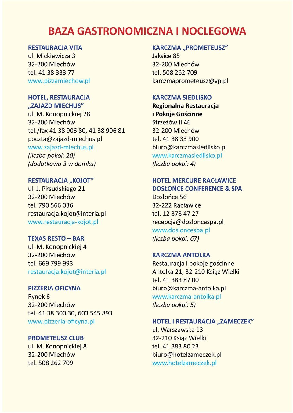 kojot@interia.pl www.restauracja-kojot.pl TEXAS RESTO BAR ul. M. Konopnickiej 4 tel. 669 799 993 restauracja.kojot@interia.pl PIZZERIA OFICYNA Rynek 6 tel. 41 38 300 30, 603 545 893 www.