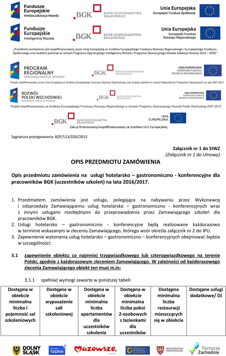 Sygnatura postępowania: BZP/113/DZK/2015 OPIS PRZEDMIOTU ZAMÓWIENIA Załącznik nr 1 do SIWZ (Załącznik nr 1 do Umowy) Opis przedmiotu zamówienia na usługi hotelarsko gastronomiczno - konferencyjne dla