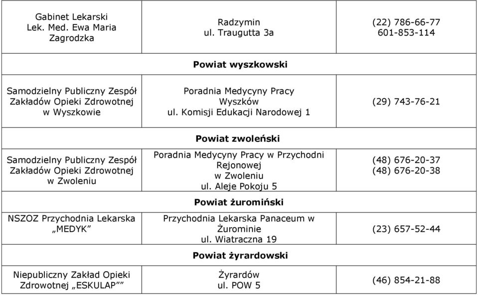 Komisji Edukacji Narodowej 1 (29) 743-76-21 Zespół Zakładów Opieki w Zwoleniu NSZOZ Przychodnia Lekarska MEDYK ESKULAP Powiat