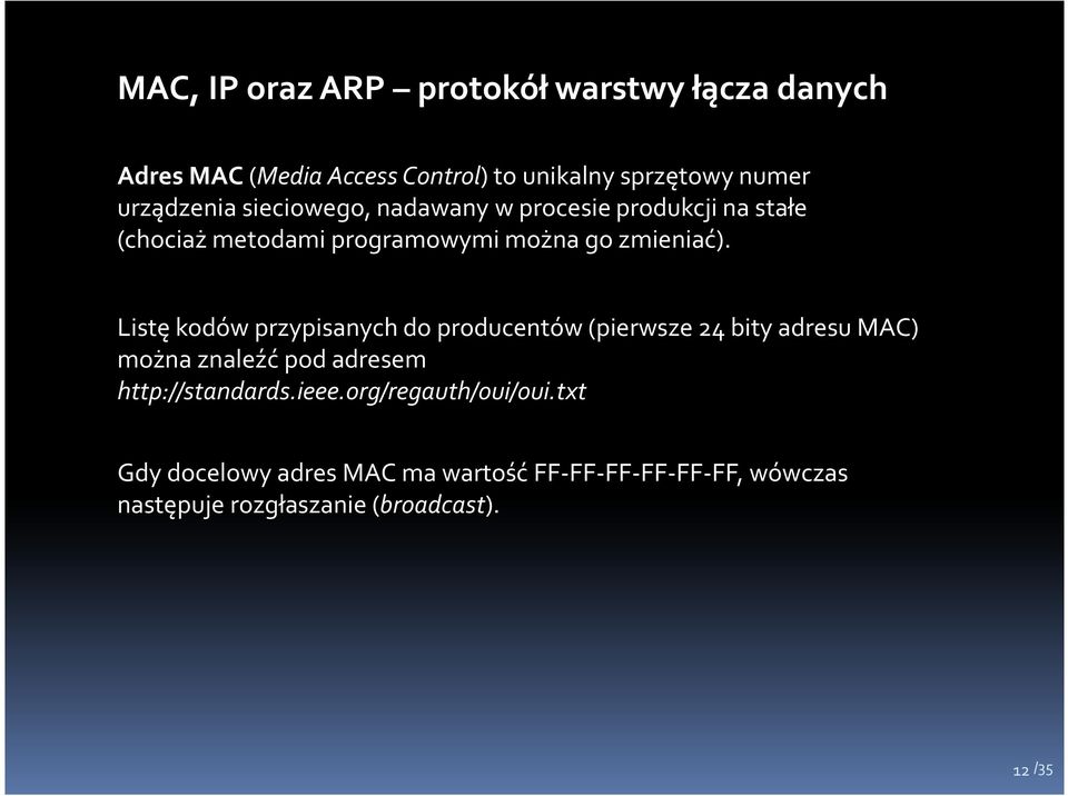 Listę kodów przypisanych do producentów (pierwsze 24 bity adresu MAC) można znaleźć pod adresem http://standards.