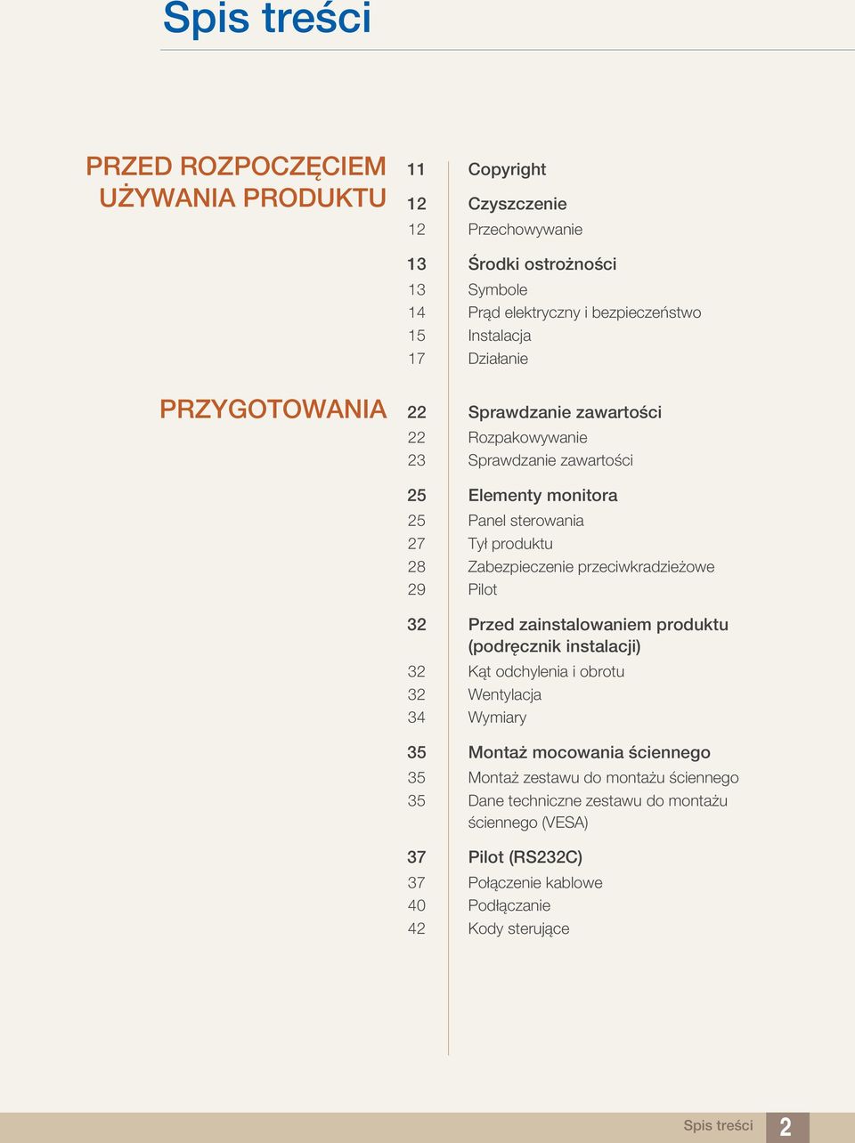 Zabezpieczenie przeciwkradzieżowe 29 Pilot 32 Przed zainstalowaniem produktu (podręcznik instalacji) 32 Kąt odchylenia i obrotu 32 Wentylacja 34 Wymiary 35 Montaż mocowania