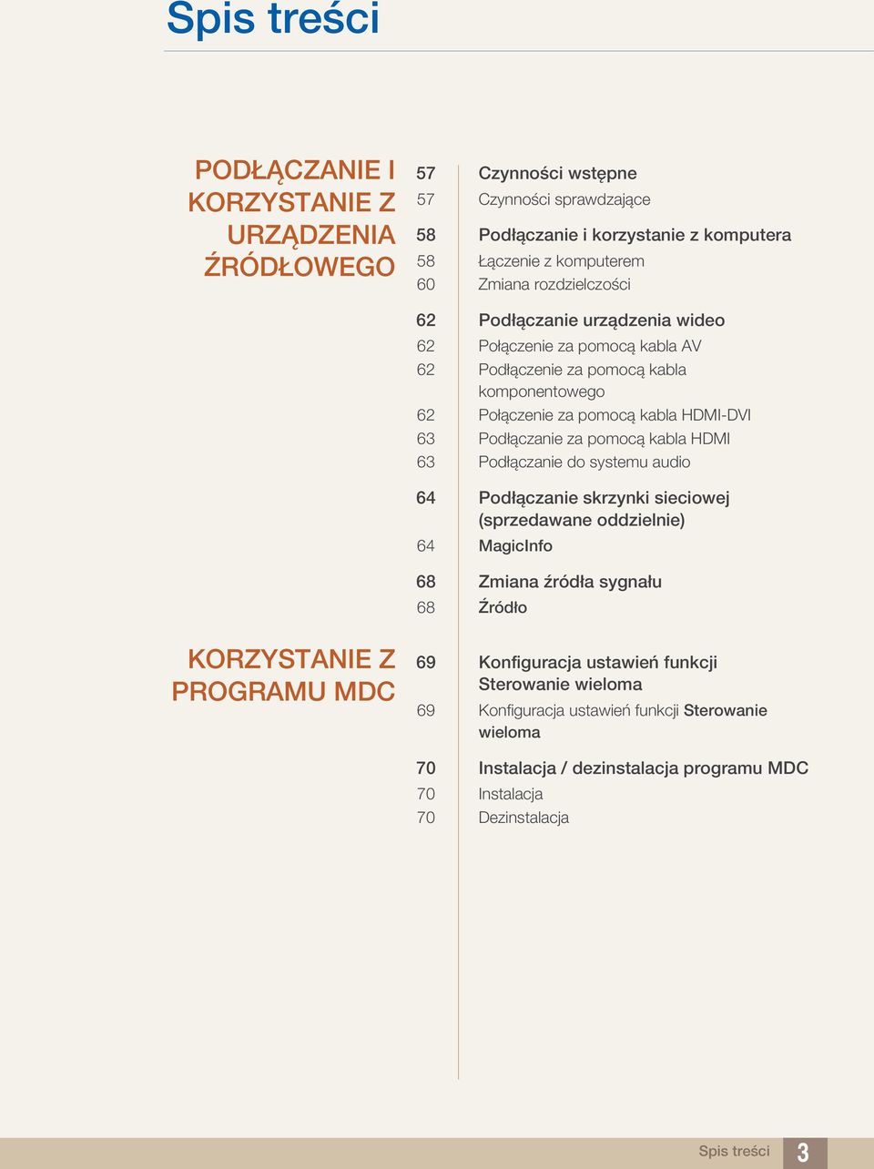 pomocą kabla HDMI 63 Podłączanie do systemu audio 64 Podłączanie skrzynki sieciowej (sprzedawane oddzielnie) 64 MagicInfo 68 Zmiana źródła sygnału 68 Źródło KORZYSTANIE Z PROGRAMU MDC