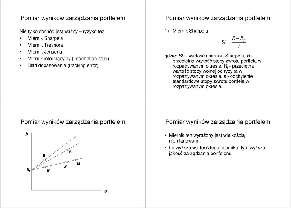 Sh = gdzie: Sh - warość miernika Sharpe a, - przecięna warość sopy zwrou porela w rozparywanym okresie, - przecięna warość sopy wolnej