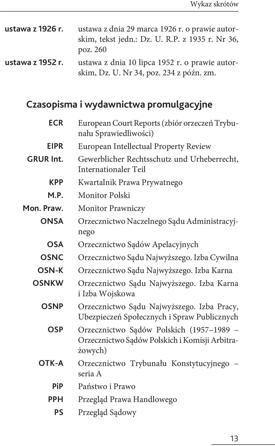 ONSA OSA OSNC OSN-K OSNKW OSNP OSP OTK-A PiP PPH PS European Court Reports (zbiór orzeczeń Trybunału Sprawiedliwości) European Intellectual Property Review Gewerblicher Rechtsschutz und Urheberrecht,