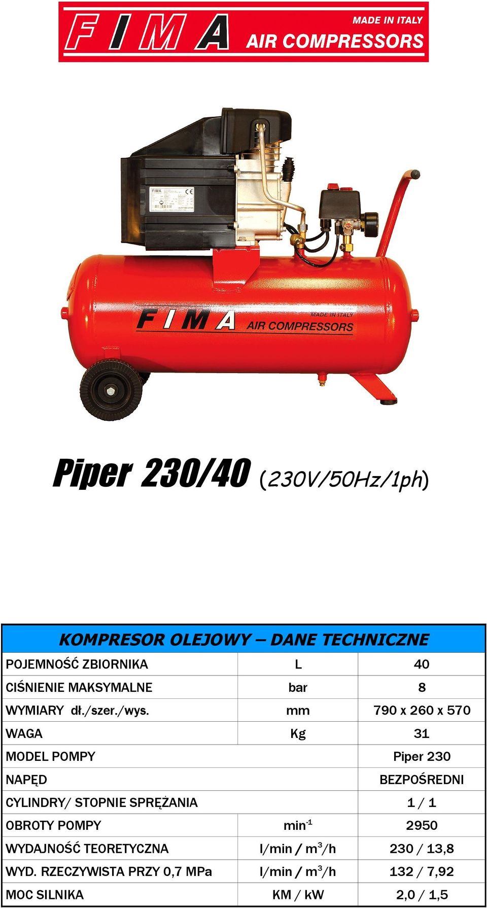 mm 790 x 260 x 570 WAGA Kg 31 MODEL POMPY Piper 230 BEZPOŚREDNI CYLINDRY/ STOPNIE