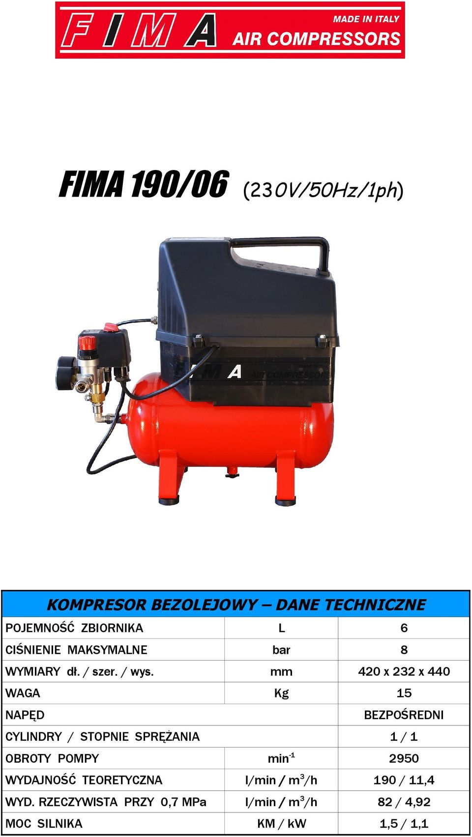 mm 420 x 232 x 440 WAGA Kg 15 BEZPOŚREDNI CYLINDRY / STOPNIE SPRĘŻANIA 1 / 1 OBROTY POMPY min