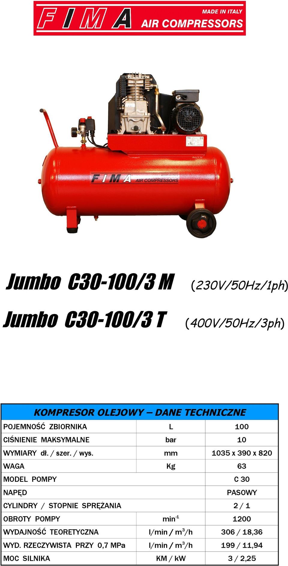 mm 1035 x 390 x 820 WAGA Kg 63 MODEL POMPY C 30 CYLINDRY / STOPNIE SPRĘŻANIA 2 / 1 OBROTY