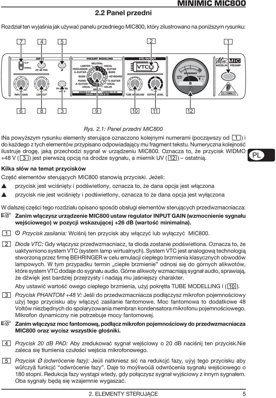 1: Panel przedni MIC800 INa powyższym rysunku elementy sterujące oznaczono kolejnymi numerami (począwszy od ) i do każdego z tych elementów przypisano odpowiadający mu fragment tekstu.