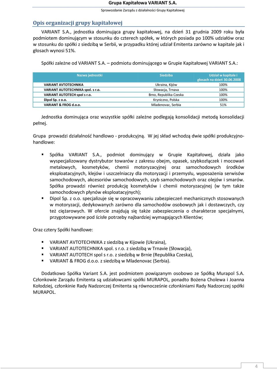 stosunku do spółki z siedzibą w Serbii, w przypadku której udział Emitenta zarówno w kapitale jak i głosach wynosi 51%. Spółki zależne od VARIANT S.A. podmiotu dominującego w Grupie Kapitałowej VARIANT S.