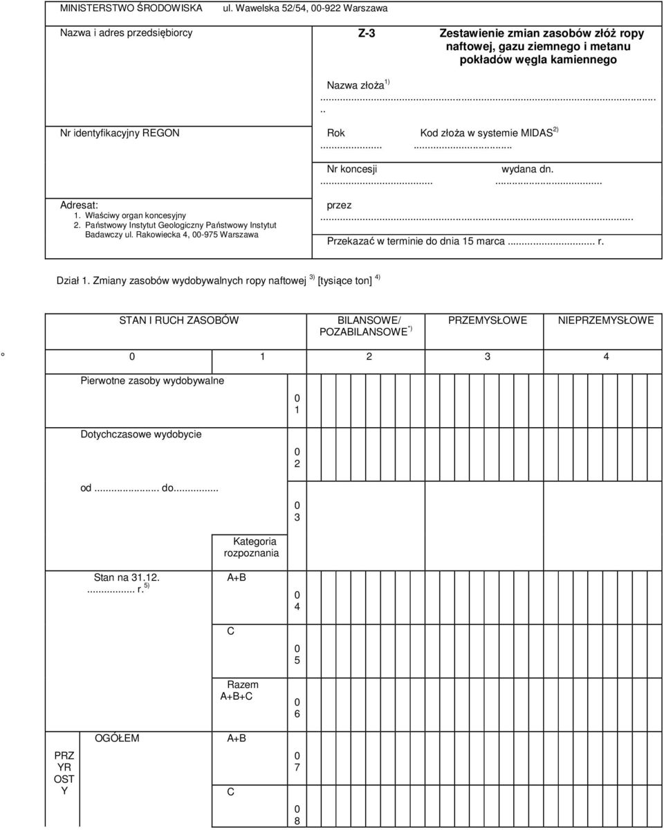 .... Nr identyfikacyjny REGON Rok... Kod złoża w systemie MIDAS )... Nr koncesji... wydana dn... Adresat:. Właściwy organ koncesyjny.