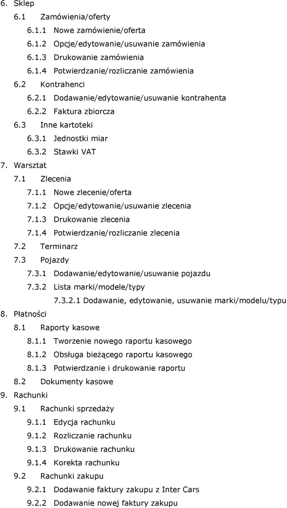 1.4 Potwierdzanie/rozliczanie zlecenia 7.2 Terminarz 7.3 Pojazdy 7.3.1 Dodawanie/edytowanie/usuwanie pojazdu 7.3.2 Lista marki/modele/typy 7.3.2.1 Dodawanie, edytowanie, usuwanie marki/modelu/typu 8.