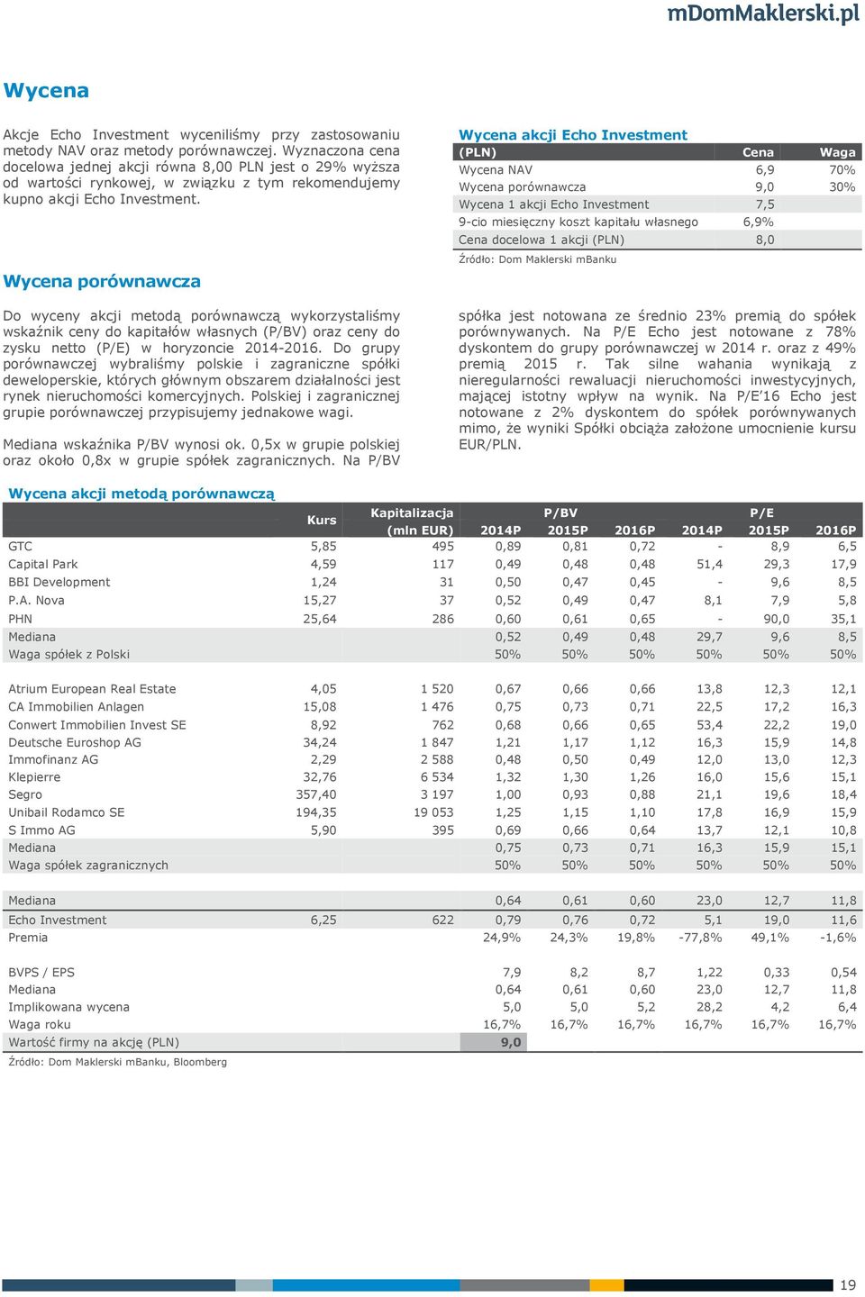 Wycena porównawcza Do wyceny akcji metodą porównawczą wykorzystaliśmy wskaźnik ceny do kapitałów własnych (P/BV) oraz ceny do zysku netto (P/E) w horyzoncie 214-216.