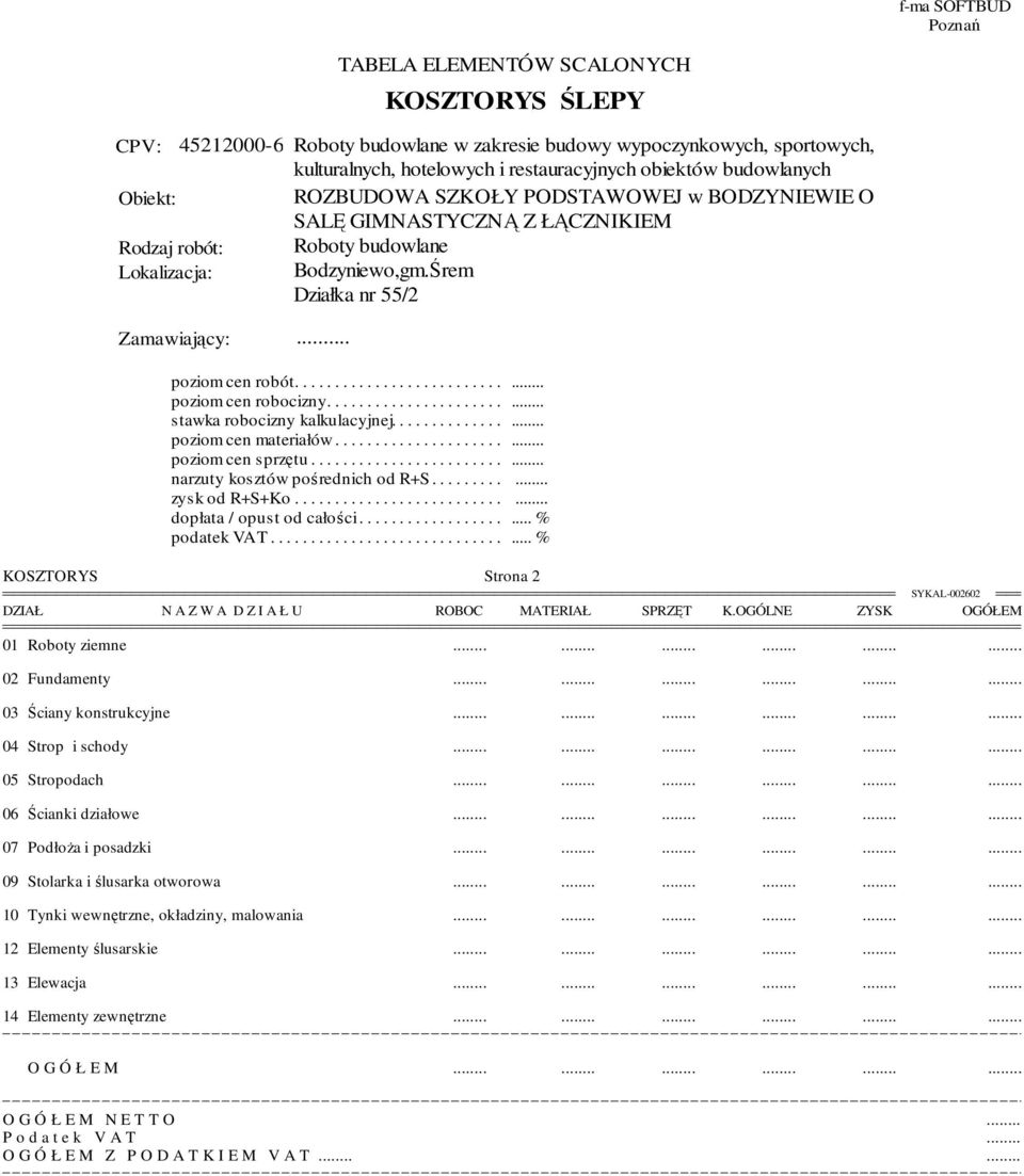 ..... cen.... robót.............................. poziom...... cen.... robocizny.............................. stawka...... robocizny......... kalkulacyjnej......................... poziom...... cen.... materiałów.