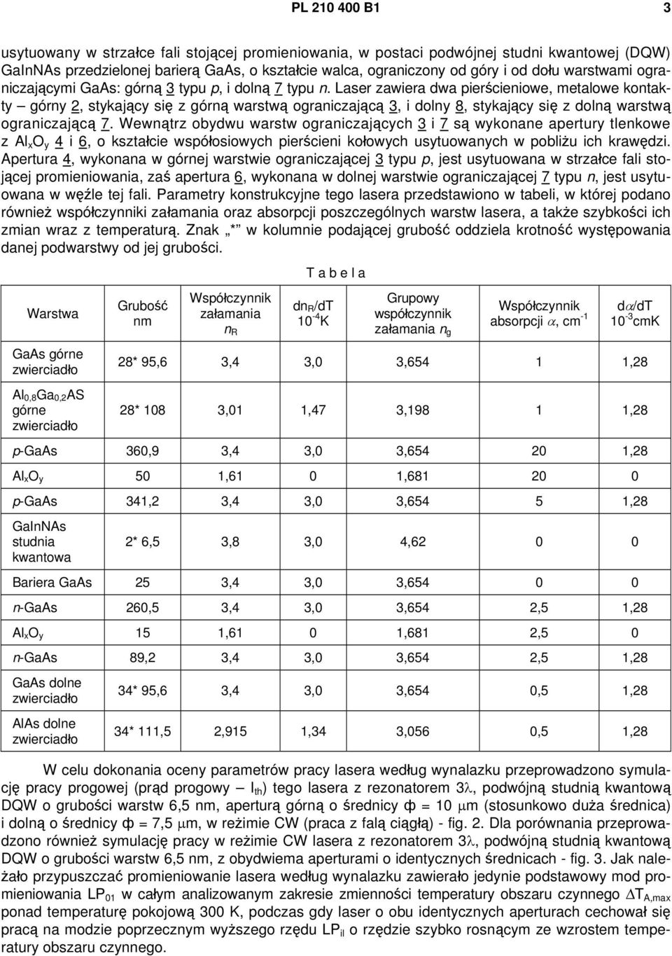 Laser zawiera dwa pierścieniowe, metalowe kontakty górny 2, stykający się z górną warstwą ograniczającą 3, i dolny 8, stykający się z dolną warstwą ograniczającą 7.