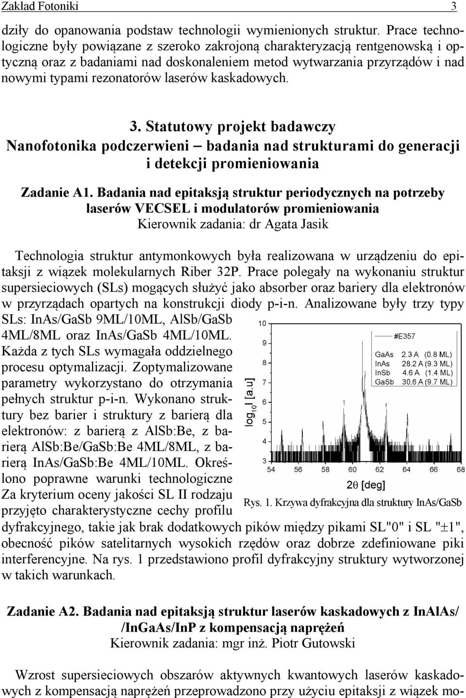 kaskadowych. 3. Statutowy projekt badawczy Nanofotonika podczerwieni badania nad strukturami do generacji i detekcji promieniowania Zadanie A1.
