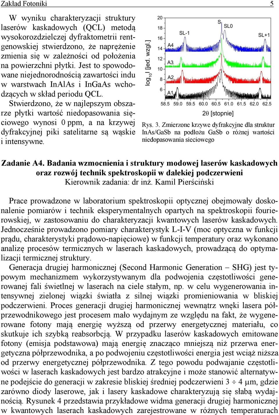 Stwierdzono, że w najlepszym obszarze płytki wartość niedopasowania sięciowego wynosi 0 ppm, a na krzywej dyfrakcyjnej piki satelitarne są wąskie i intensywne. Rys. 3.