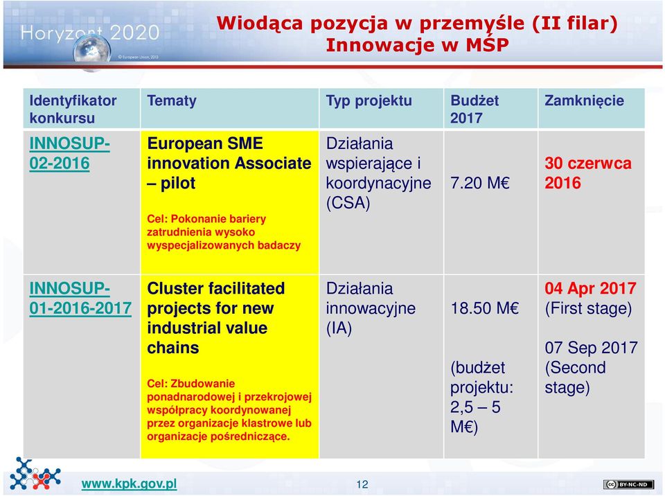 20 M Zamknięcie 30 czerwca 2016 INNOSUP- 01-2016-2017 Cluster facilitated projects for new industrial value chains Cel: Zbudowanie ponadnarodowej i przekrojowej