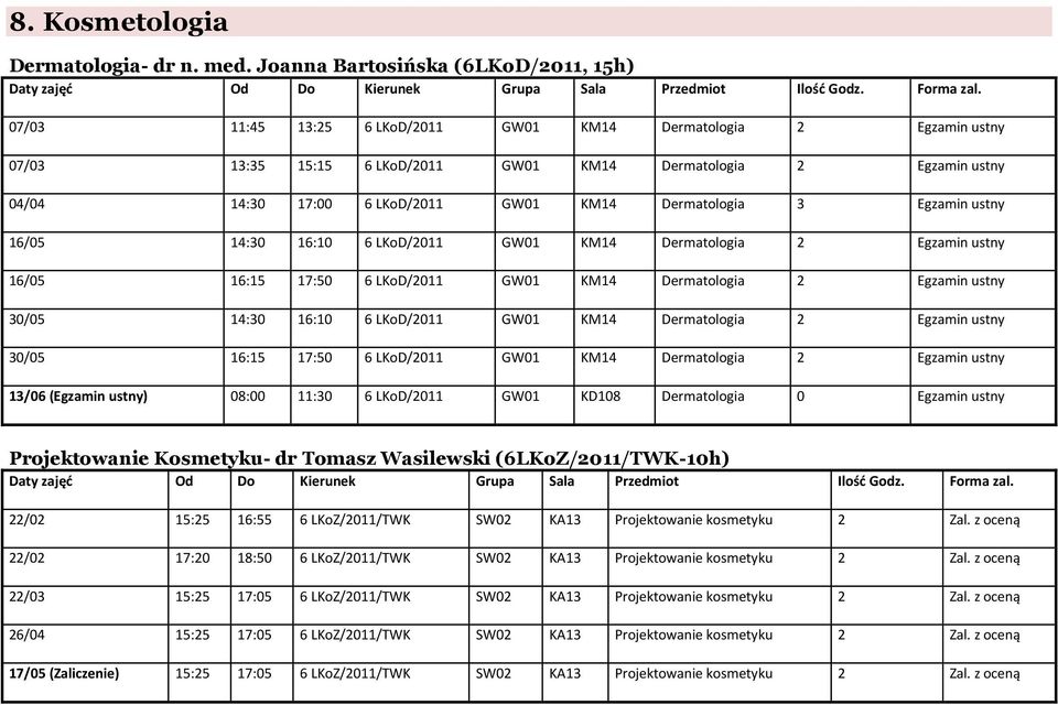 LKoD/2011 GW01 KM14 Dermatologia 3 Egzamin ustny 16/05 14:30 16:10 6 LKoD/2011 GW01 KM14 Dermatologia 2 Egzamin ustny 16/05 16:15 17:50 6 LKoD/2011 GW01 KM14 Dermatologia 2 Egzamin ustny 30/05 14:30