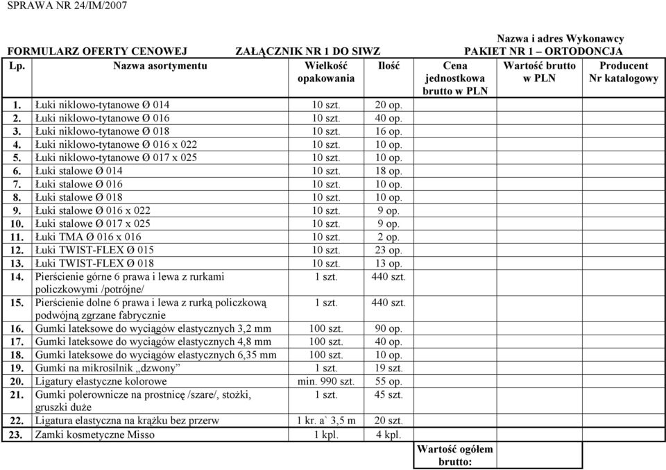 Łuki stalowe Ø 016 10 szt. 10 op. 8. Łuki stalowe Ø 018 10 szt. 10 op. 9. Łuki stalowe Ø 016 x 022 10 szt. 9 op. 10. Łuki stalowe Ø 017 x 025 10 szt. 9 op. 11. Łuki TMA Ø 016 x 016 10 szt. 2 op. 12.