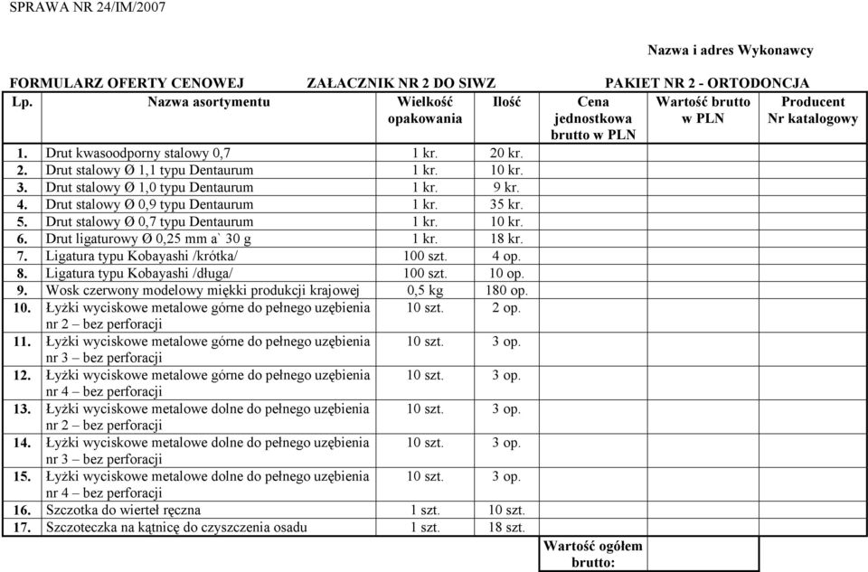 7. Ligatura typu Kobayashi /krótka/ 100 szt. 4 op. 8. Ligatura typu Kobayashi /długa/ 100 szt. 10 op. 9. Wosk czerwony modelowy miękki produkcji krajowej 0,5 kg 180 op. 10. Łyżki wyciskowe metalowe górne do pełnego uzębienia 10 szt.