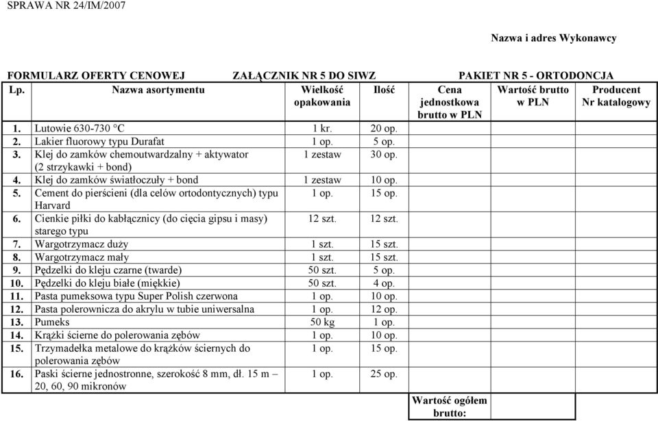 15 op. Harvard 6. Cienkie piłki do kabłącznicy (do cięcia gipsu i masy) 12 szt. 12 szt. starego typu 7. Wargotrzymacz duży 1 szt. 15 szt. 8. Wargotrzymacz mały 1 szt. 15 szt. 9.