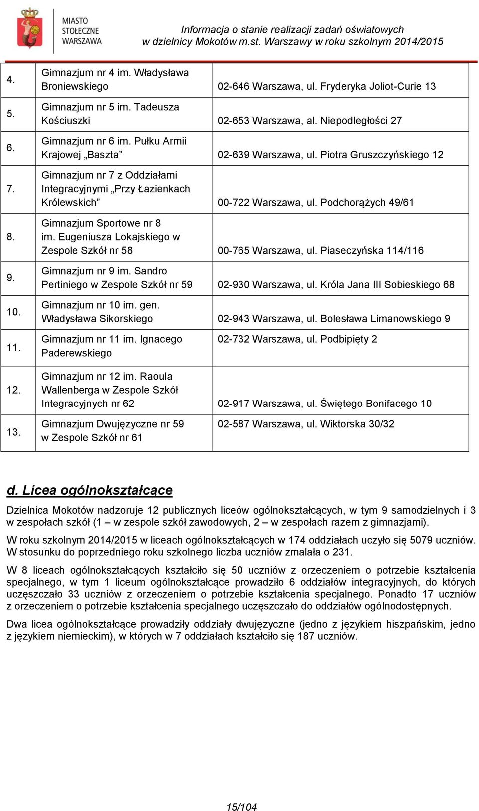 Piotra Gruszczyńskiego 12 Gimnazjum nr 7 z Oddziałami Integracyjnymi Przy Łazienkach Królewskich 00-722 Warszawa, ul. Podchorążych 49/61 Gimnazjum Sportowe nr 8 im.