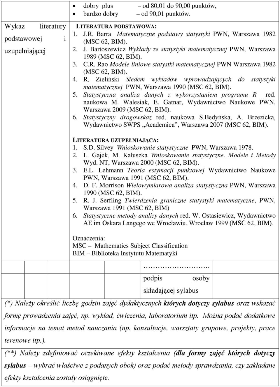 o Modele liniowe statystki matematycznej PWN Warszawa 1982 (MSC 62, BIM). 4. R. Zieliński Siedem wykładów wprowadzających do statystyki matematycznej PWN, Warszawa 1990 (MSC 62, BIM). 5.