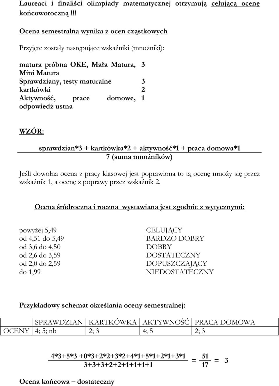 prace domowe, 1 odpowiedź ustna WZÓR: sprawdzian*3 + kartkówka*2 + aktywność*1 + praca domowa*1 7 (suma mnożników) Jeśli dowolna ocena z pracy klasowej jest poprawiona to tą ocenę mnoży się przez