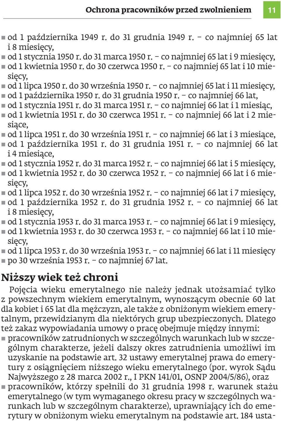 co najmniej 65 lat i 11 miesięcy, n od 1 października 1950 r. do 31 grudnia 1950 r. co najmniej 66 lat, n od 1 stycznia 1951 r. do 31 marca 1951 r.