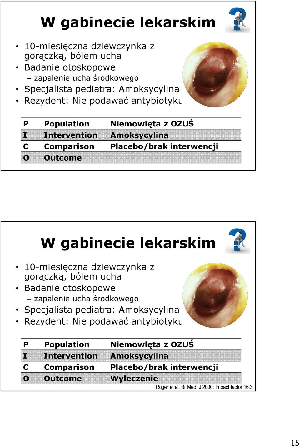 Population Niemowlęta z OZUŚ I Intervention Amoksycylina C Comparison Placebo/brak interwencji O Outcome Wyleczenie Roger et al. Br Med. J 2000; Impact factor 16.