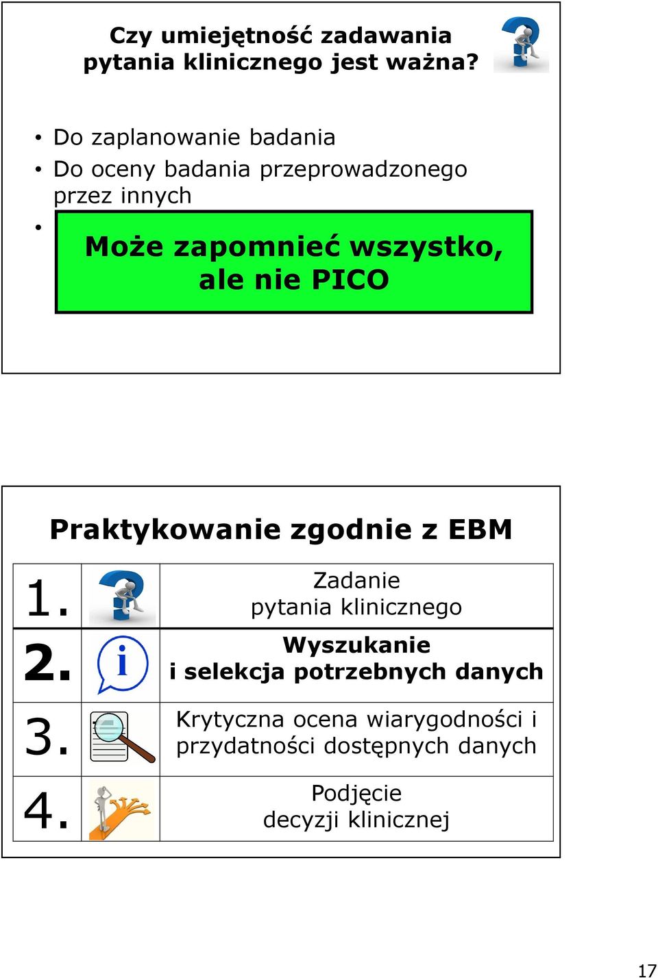 informacji Może zapomnieć wszystko, ale nie PICO Praktykowanie zgodnie z EBM 1. 2. 3. 4.