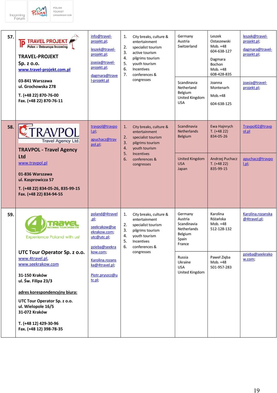 leszek@travelprojekt. dagmara@travelprojekt. joasia@travelprojekt. 58. TRAVPOL - Travel Agency Ltd www.travpol.pl 01-836 Warszawa ul. Kasprowicza 57 travpol@travpo l. apuchacz@trav pol. 5. Incentives 6.