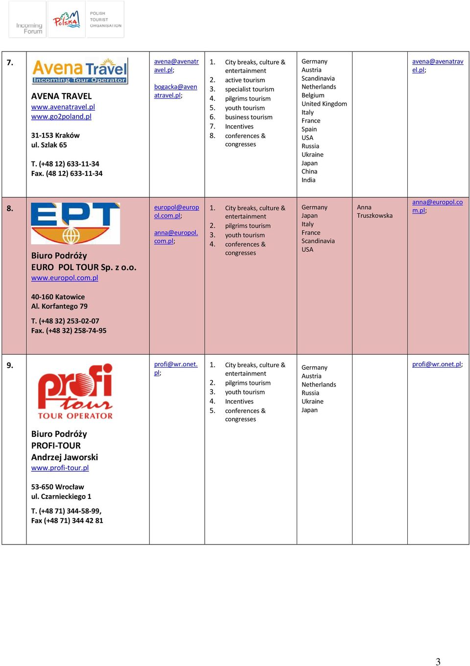 conferences & Anna Truszkowska anna@europol.co m. 40-160 Katowice Al. Korfantego 79 T. (+48 32) 253-02-07 Fax. (+48 32) 258-74-95 9. profi@wr.onet. 2. pilgrims tourism 5.
