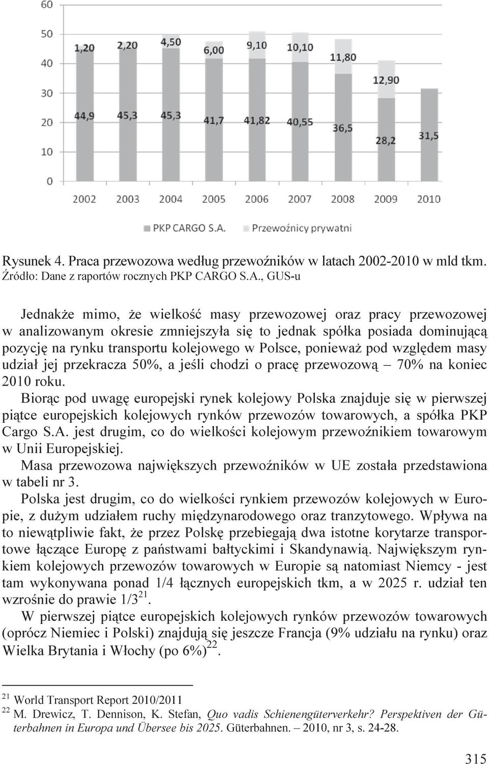 , GUS-u Jednakże mimo, że wielkość masy przewozowej oraz pracy przewozowej w analizowanym okresie zmniejszyła się to jednak spółka posiada dominującą pozycję na rynku transportu kolejowego w Polsce,