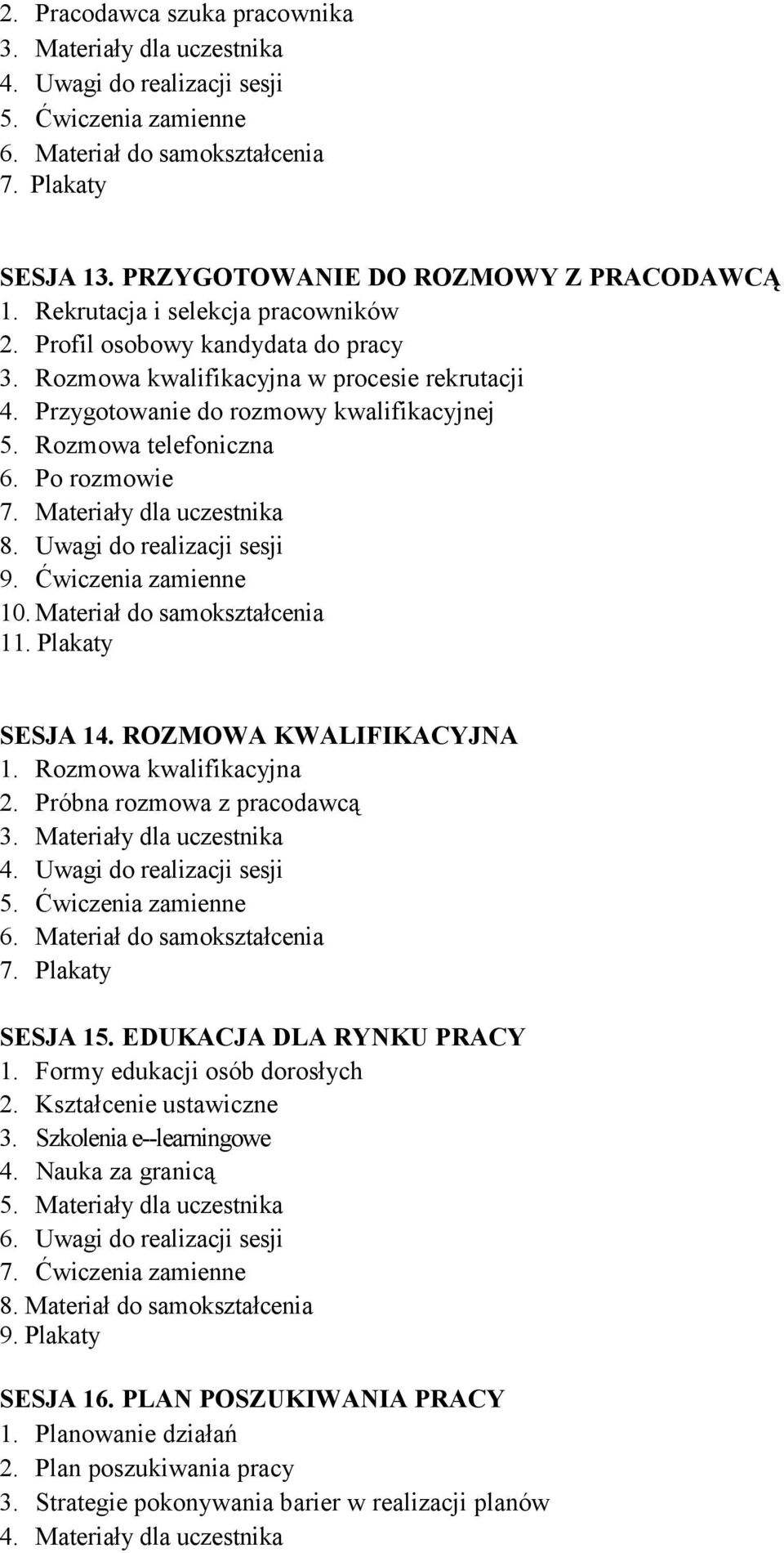 ROZMOWA KWALIFIKACYJNA 1. Rozmowa kwalifikacyjna 2. Próbna rozmowa z pracodawcą 6. Materiał do samokształcenia SESJA 15. EDUKACJA DLA RYNKU PRACY 1.