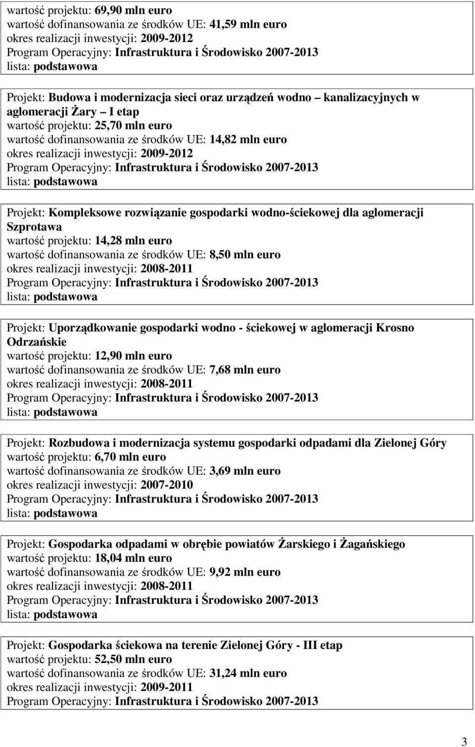 wartość dofinansowania ze środków UE: 8,50 mln euro Projekt: Uporządkowanie gospodarki wodno - ściekowej w aglomeracji Krosno Odrzańskie wartość projektu: 12,90 mln euro wartość dofinansowania ze