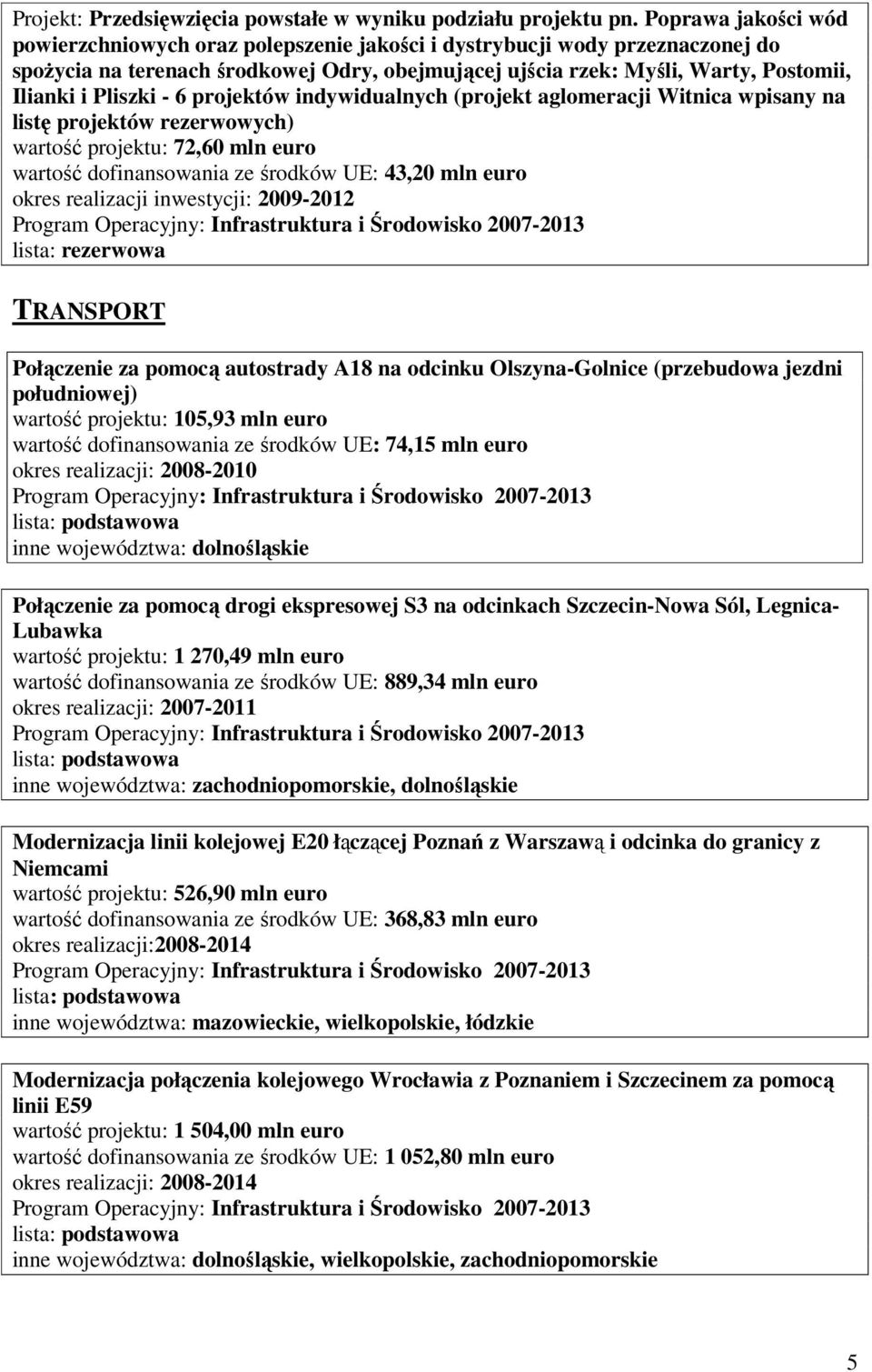 Pliszki - 6 projektów indywidualnych (projekt aglomeracji Witnica wpisany na listę projektów rezerwowych) wartość projektu: 72,60 mln euro wartość dofinansowania ze środków UE: 43,20 mln euro