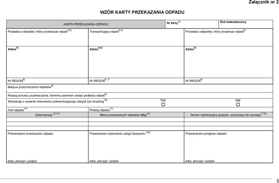 Wnioskuję o wydanie dokumentu potwierdzającego odzysk lub recykling 10) Kod odpadu 11) Rodzaj odpadu 11) Data/miesiąc 12,13) Masa przekazanych odpadów [Mg] 14) Numer rejestracyjny pojazdu,