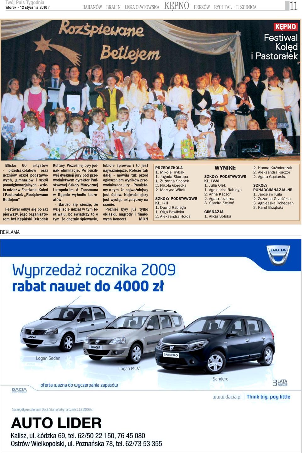 ponadgimnazjalnych - wziê- ³o udzia³ w Festiwalu Kolêd i Pastora³ek,,Rozœpiewane Betlejem Festiwal odby³ siê po raz pierwszy, jego organizatorem by³ Kêpiñski Oœrodek Kultury.