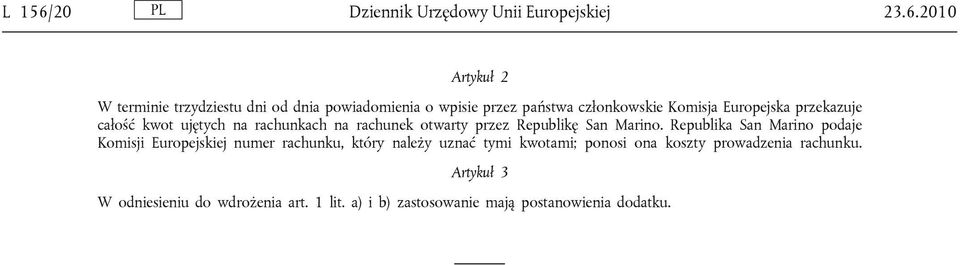 2010 Artykuł 2 W terminie trzydziestu dni od dnia powiadomienia o wpisie przez państwa członkowskie Komisja Europejska