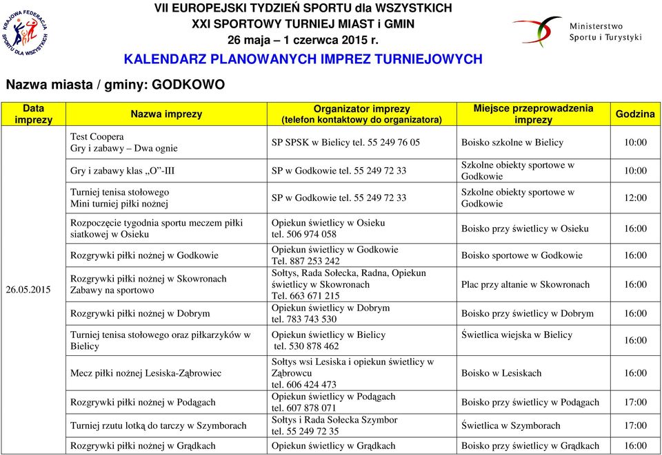 tygodnia sportu meczem piłki siatkowej w Osieku Rozgrywki piłki noŝnej w Rozgrywki piłki noŝnej w Skowronach Zabawy na sportowo Rozgrywki piłki noŝnej w Dobrym Turniej tenisa stołowego oraz