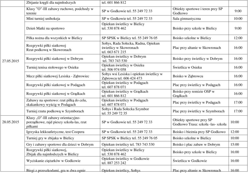 55 249 76 05 Boisko szkolne w Bielicy Rozgrywki piłki siatkowej Rzut podkową w Skowronach Rozgrywki piłki siatkowej w Dobrym Turniej tenisa stołowego w Osieku Mecz piłki siatkowej Lesiska - Ząbrowiec