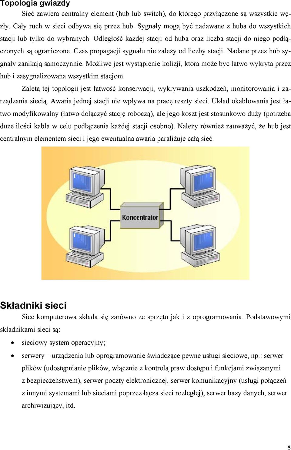 Czas propagacji sygnału nie zależy od liczby stacji. Nadane przez hub sygnały zanikają samoczynnie.