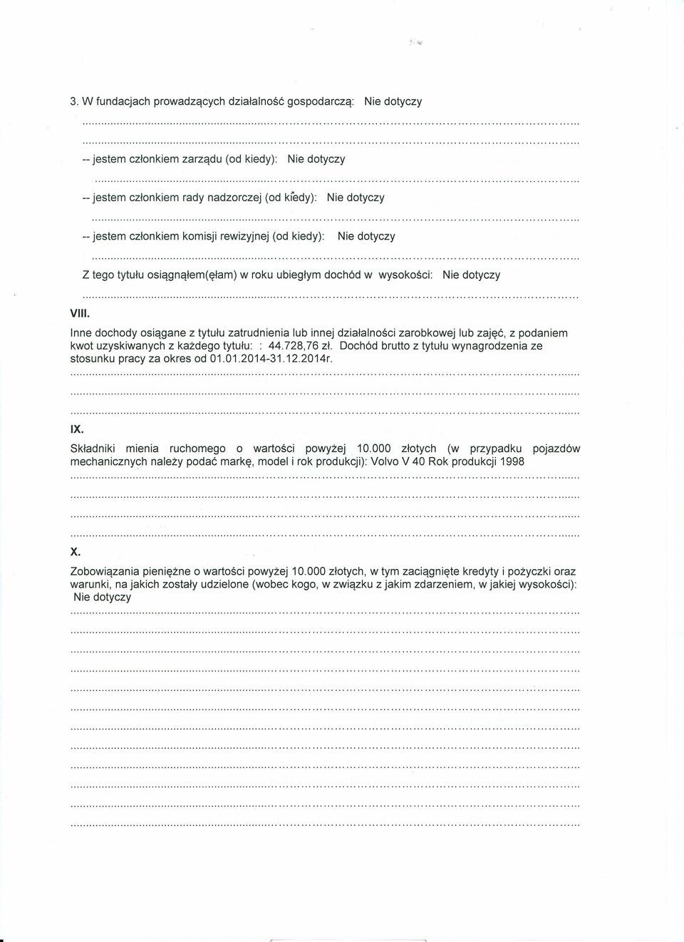 Dochód brutto z tytułu wynagrodzenia ze stosunku pracy za okres od 01.01.2014-31.12.2014r. IX. Składniki mienia ruchomego o wartości powyżej 10.