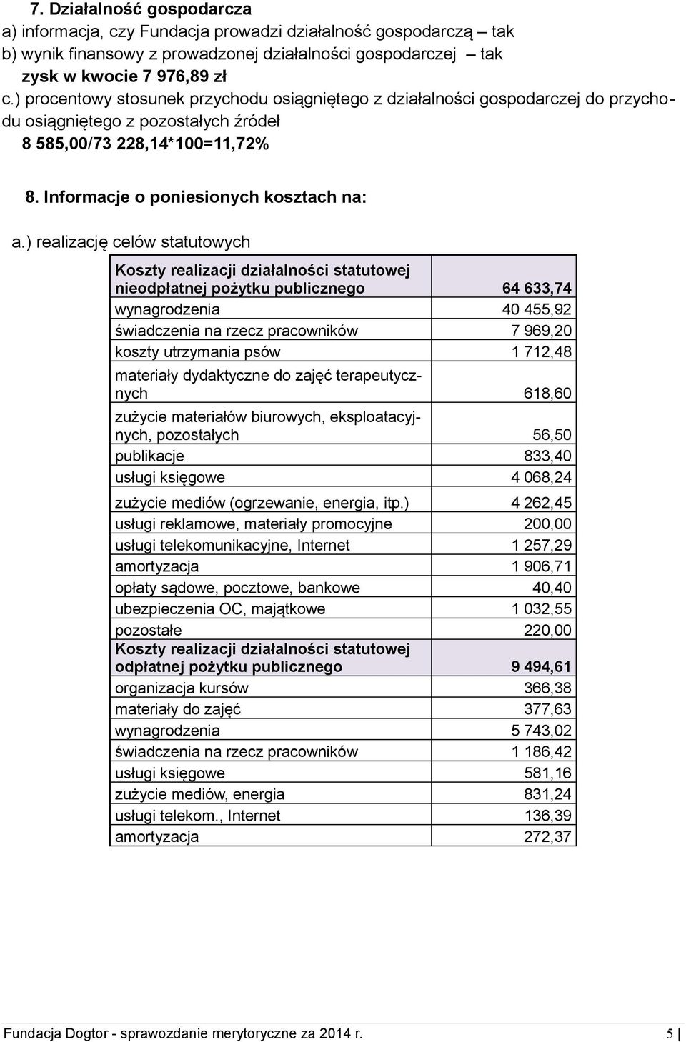 ) realizację celów statutowych Koszty realizacji działalności statutowej nieodpłatnej pożytku publicznego 64 633,74 wynagrodzenia 40 455,92 świadczenia na rzecz pracowników 7 969,20 koszty utrzymania